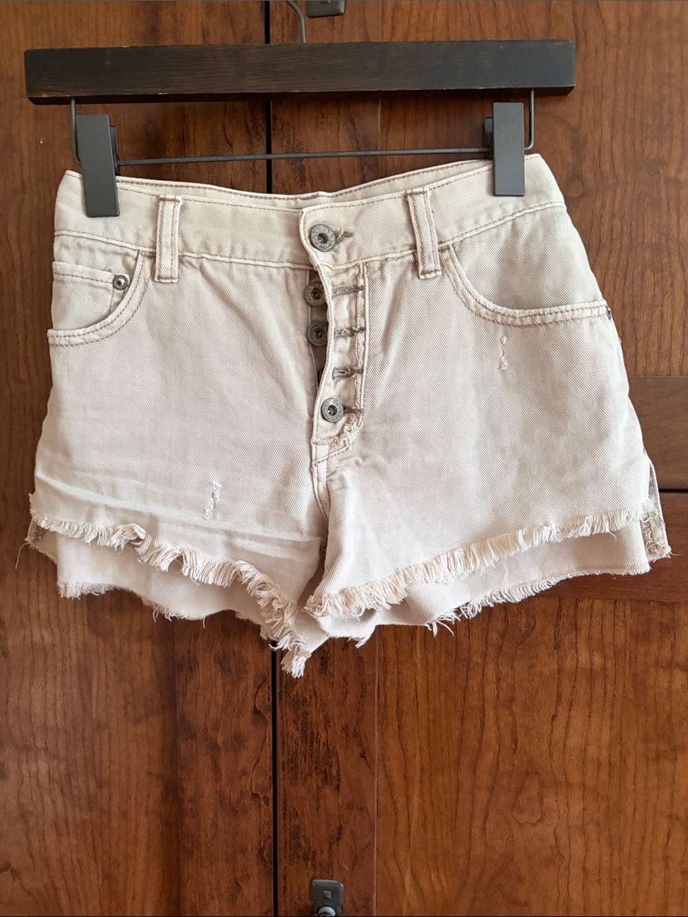 Free People Light Beige Distressed Button-Front Denim Shorts
